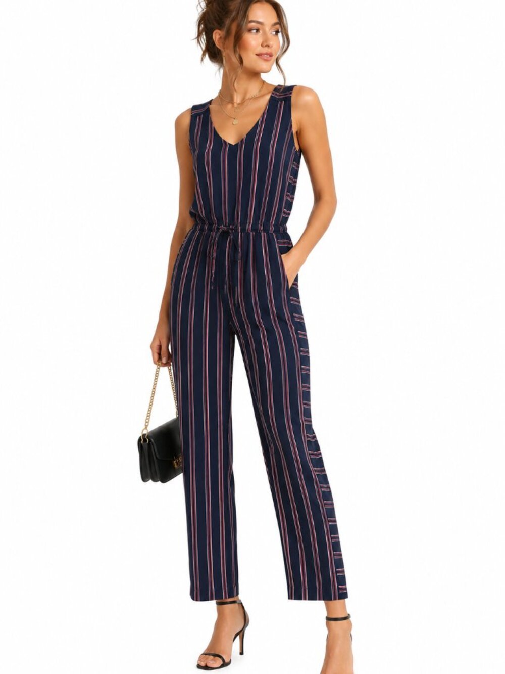 Tommy Hilfiger NWT Striped Jumpsuit Navy Red Size 12 Drawstring V Neck Preppy